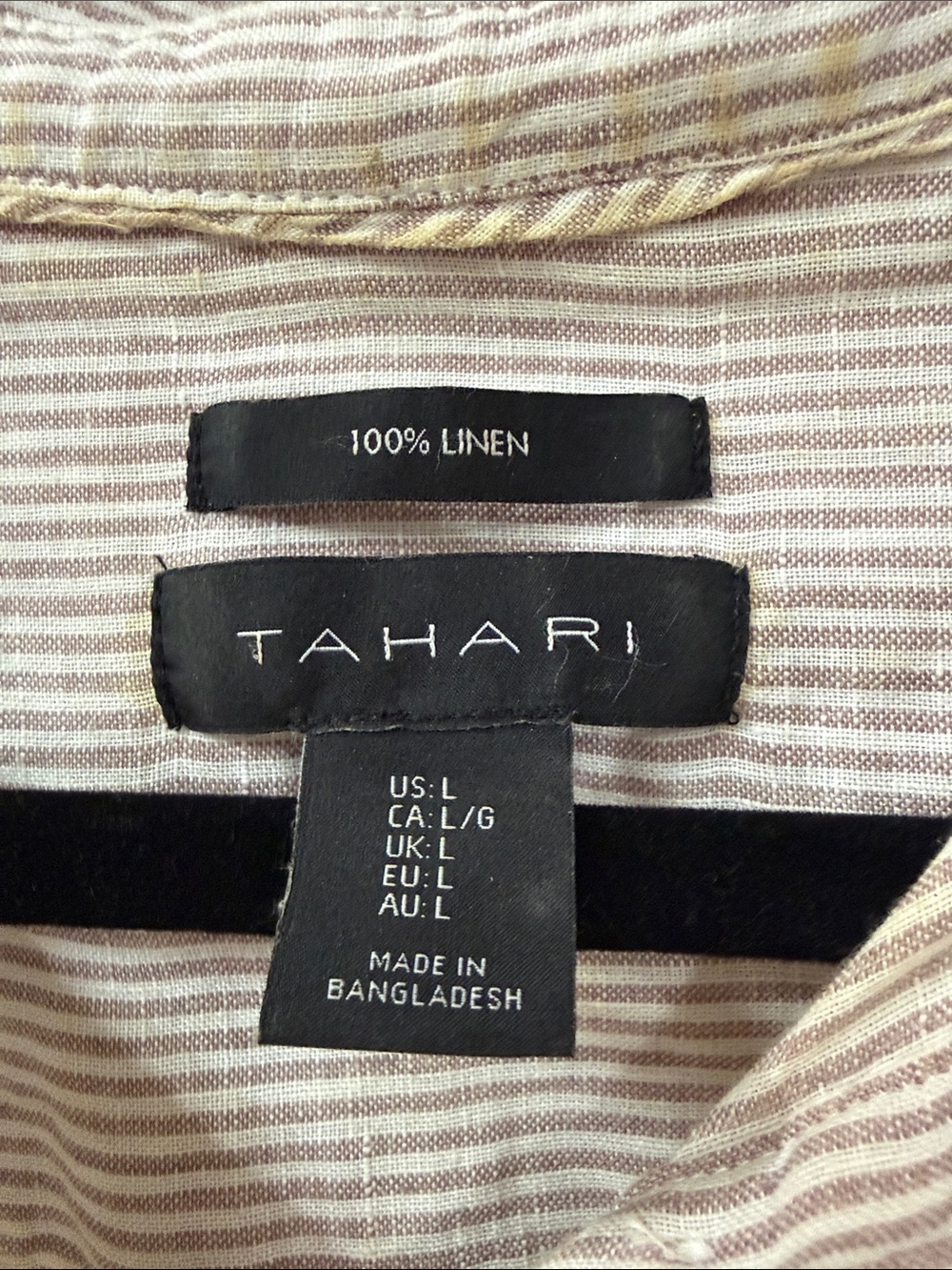 Tahari Striped Linen-Blend Henley Tunic in Beige & White - Picture 3 of 4